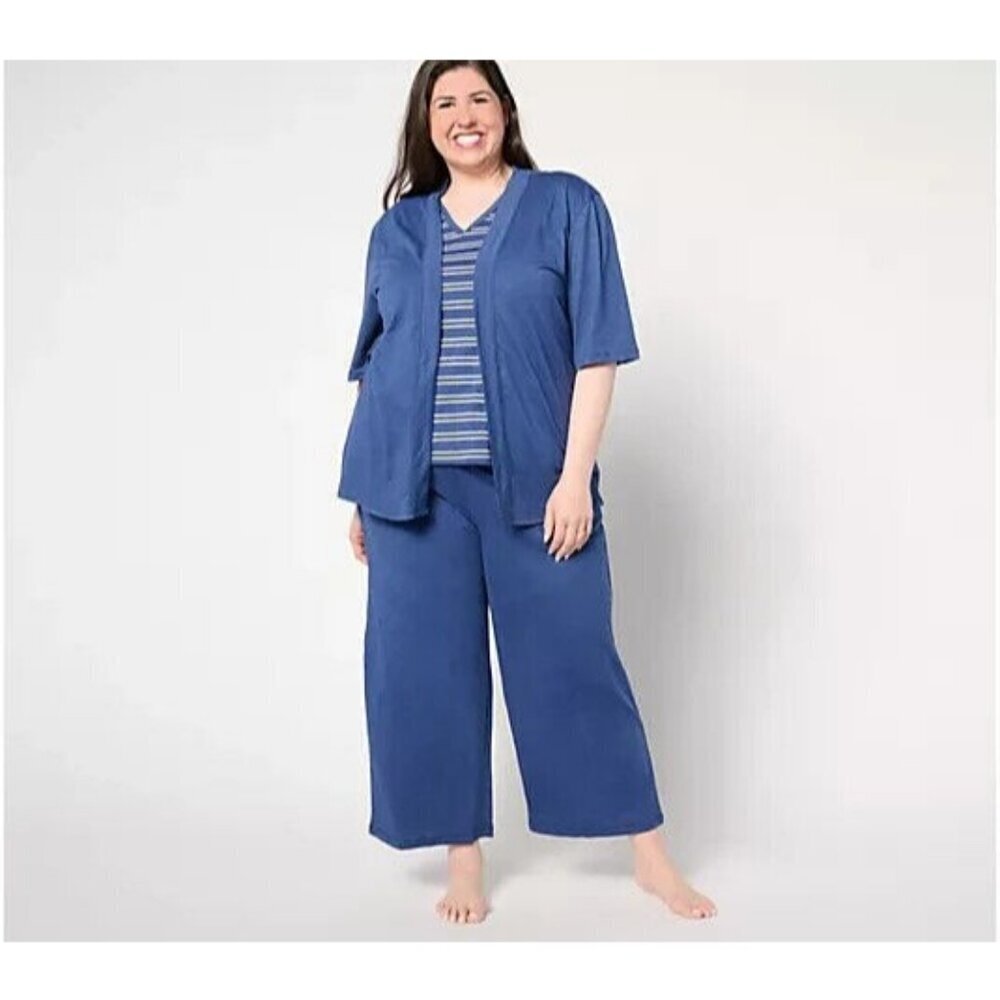 Carole Hochman Cardigan, Tank, and Wide Leg Cropped Pant Set Blue Depths,XS
